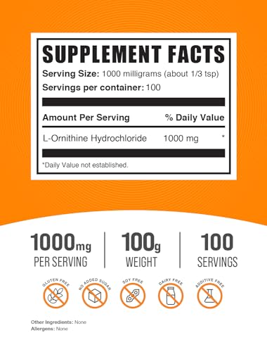 BulkSupplements.com L-Ornithine HCl Powder - L-Ornithine Hydrochloride, Ornithine Supplement - Amino Acids Supplement, Gluten Free, 1000mg per Serving, 100g (3.5 oz) (Pack of 1)