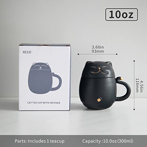 HEER Ceramic Tea Cup with Infuser and Lid, Cute Lucky Cat Coffee Mug Gift for Cat Lovers, Chinese Loose Leaf Tea Steeper. (Black)