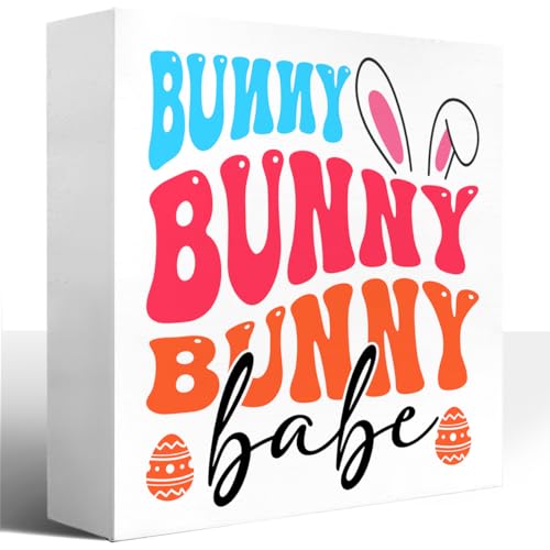 Easter Decoration for Kids,Easter Decorations for The Home,Bunny Babe Sign Easter Quotes Desk Decor,Funny Easter Tray Decor,Easter Wooden Block Plaque Box Sign Shelf Table Decoration for Babyroom