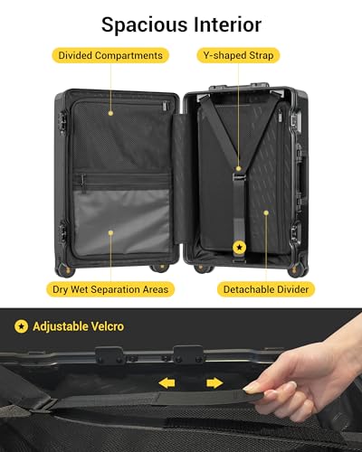 LEVEL8 Zipperless Carry On Suitcase Airline Approved with Aluminum Frame, Lightweight Hard Shell Luggage with Spinner Wheels, Metal Travel Luggage with Double Tsa Locks, 20 Inch, Black