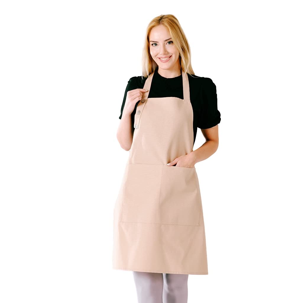 TOSHE Kitchen Apron Waterdrop Resistant Cotton Apron with adjustable Aprons for Women with Pockets 10 Color option Cooking Beige Apron(Beige)