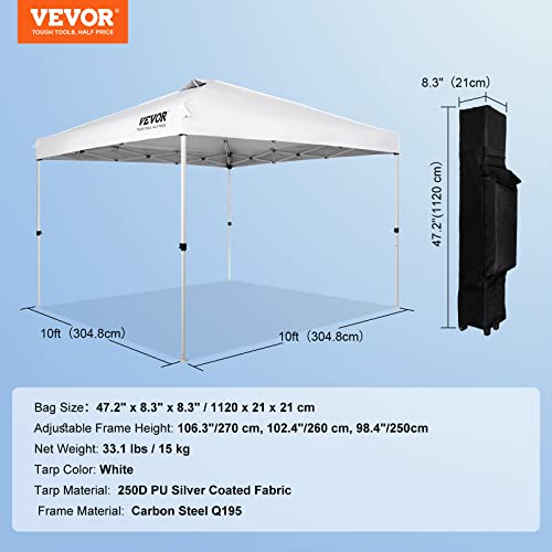 VEVOR Pop Up Canopy Tent, 10 x 10 ft, 250 D PU Silver Coated Tarp, with Portable Roller Bag and 4 Sandbags, Waterproof and Sun Shelter Gazebo for Outdoor Party, Camping, Commercial Events, Dark Gray