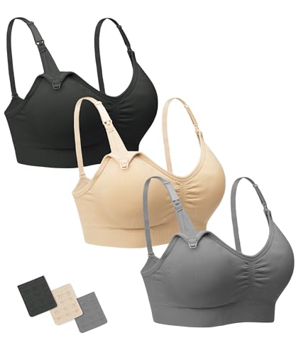 Stelle Nursing Bras Maternity Bra for Breastfeeding Pregnancy Wireless Bralette with Pads, Extenders & Clips (Black/Gray/Beige,M)