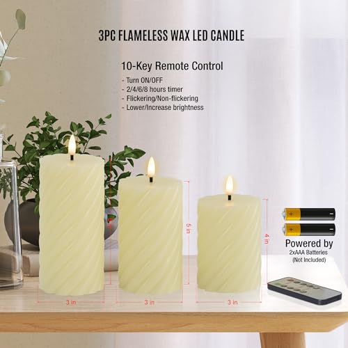 Yongmao Flameless Candles with Remote, Ivory LED Battery Operated Spiral Real Wax Pillar Candles Warm Light 3D Wick Flickering with Remote for Home Party Decor D 3" H 4" 5" 6"(Set of 3)
