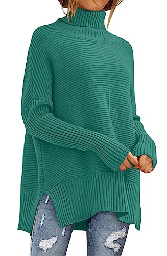 ANRABESS Women Oversized Turtleneck Long Batwing Sleeve Split Hem Pullover Knit Tunic Sweater Outfits 2024 Trendy Clothes Nutmeg Small