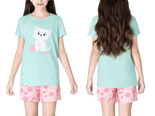 Tebbis Summer Pajamas for Little/Teen Girls – Pink & Cute Cat PJS Cute Jammies Set Size 5T