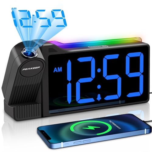 Peakeep Digital Clock, Nightlight Projection Alarm Clock for Bedroom Ceiling, LED Plug in Electric Bedside Clock USB Charger, Battery Backup, Large Numbers Loud Alarm Clock for Heavy Sleepers (Blue)