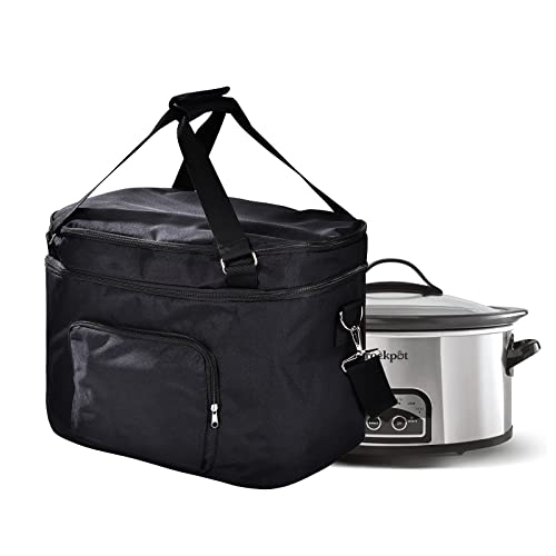 Double Layers Slow Cooker Bag，Carry Case with Top Zip Compartment and Accessory Pocket , Insulated Slow Cooker Carrier Fits for Most 6-8 Quart Oval Slow Cooker, Fabric waterproof ,Easy to clean.(Bag