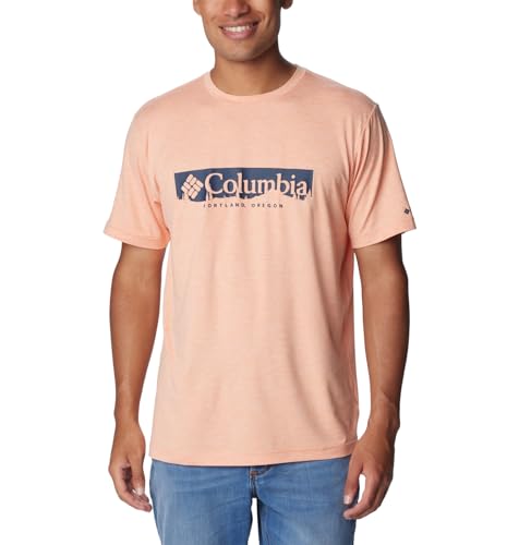 Columbia Men's Kwick Hike Graphic Short Sleeve Tee, Apricot Fizz/CSC Box Treeline, Small