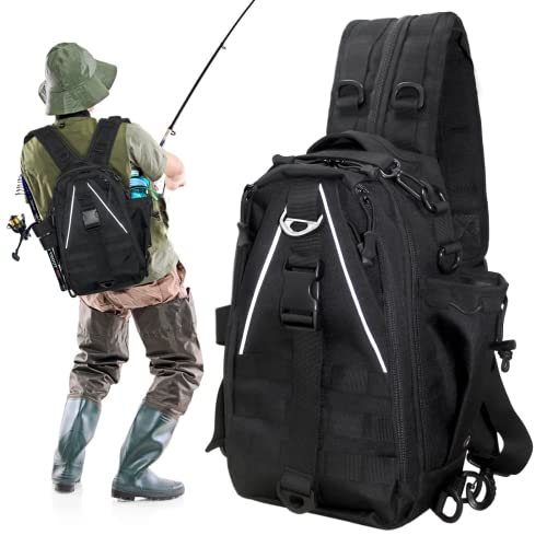 DEILAI Fishing Backpack, Lightweight Fishing Sling Bag with Plenty of Storage Space, Tackle Box Backpack with Rod Holder for Fly Fishing and Gifts for Men and Women