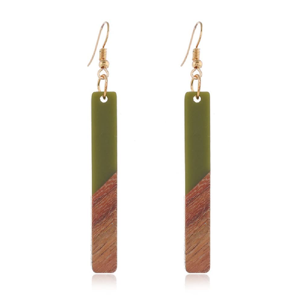 Retro Wooden Resin Geometric Bar Drop Dangle Earrings Two Tone Handmade Natural Wood for Women Lightweight Bohemian Statement Jewelry-Green