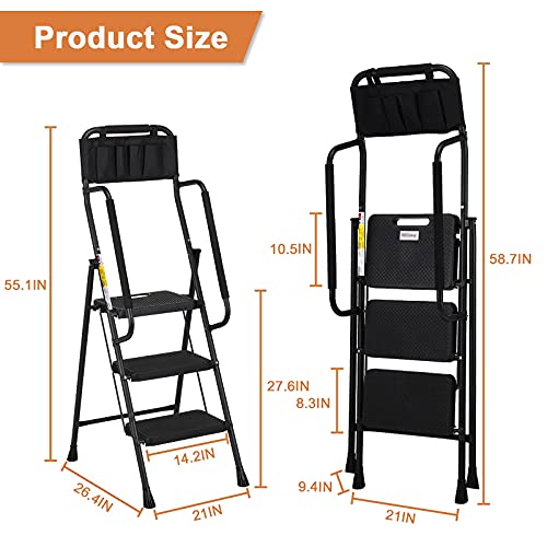 HBTower 3 Step Ladder with Handrails, 500 lbs Folding Step Stool with Attachable Tool Bag & Anti-Slip Wide Pedal for Home Kitchen Pantry Office (3-Step)