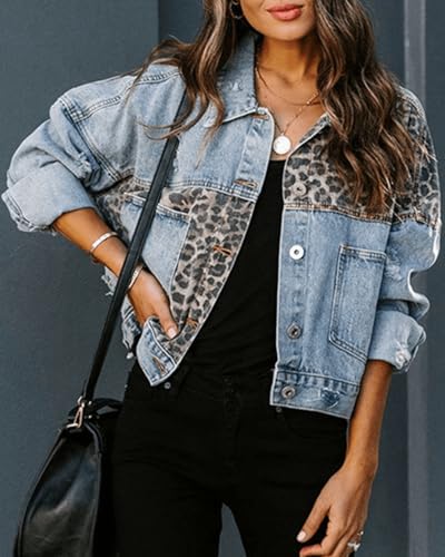 RINTONIX Womens Button Down Distressed Leopard Denim Jean Jacket Washed Long Sleeve Ripped Cheetah Jean Coat(BE-S)