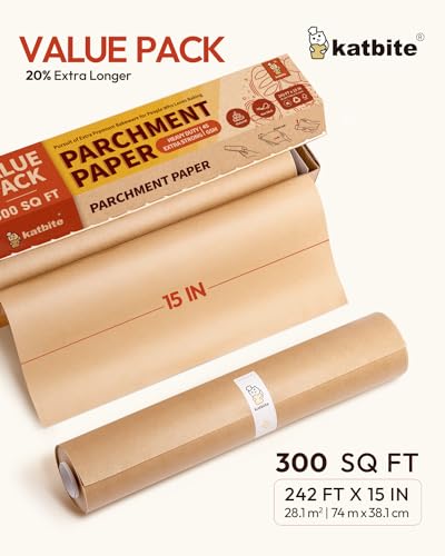 Katbite Unbleached Parchment Paper Roll, 15in x 242ft, 300 Sq.Ft, Non-Stick with Serrated Cutter for Baking, Cooking, Air Fryer