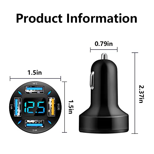 Car Charger 66W Super Fast Charging with USB 2.4A&QC 3.0(Voltmeter&LED Lights) Universal Quick Charge for 12-24V Car Cigarette Lighter Plug,Compatible with iPhone 14 13 12,S22 (2Pcs-Black-QC/2.4A)