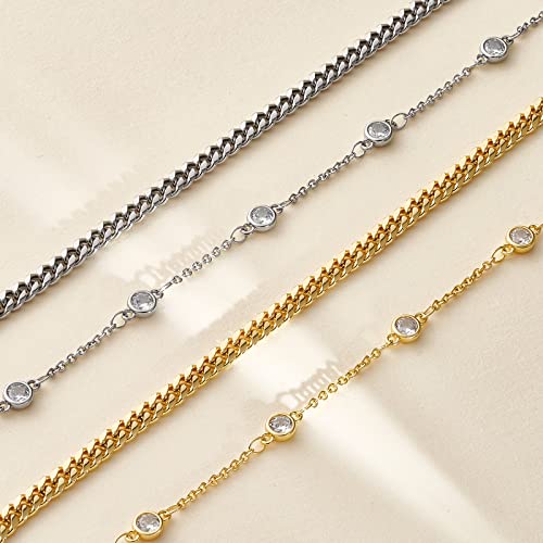 KissYan Gold Bracelets for Women, Dainty 14K White Gold Plated Layered Paperclip Tiny Pearl Cuban Link Chain Bracelet Set Adjustable Cute Jewelry Gift(G-cuban cz)