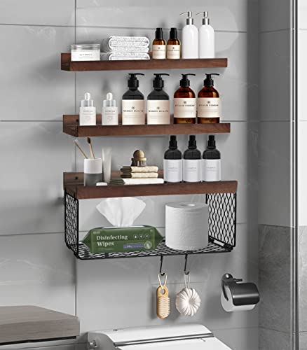 DABIGE Wall Mounted Floating Shelves, 3 Sets Wood Bathroom Shelves with Wire Storage Basket & Hooks, Farmhouse Floating Shelf for Wall Decor, Bedroom, Living Room, Kitchen, Plants, Books – Black