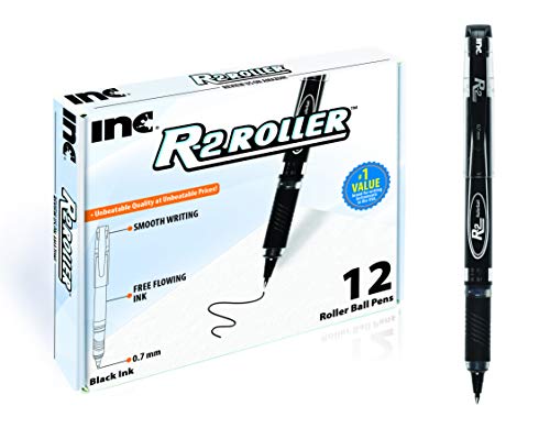 Inc. R2 Rollerball Pens - 0.7 mm Medium-Point Pen Set With Comfort Grip for School, Office, Writing, and Journaling, 12 Pack, Black Ink