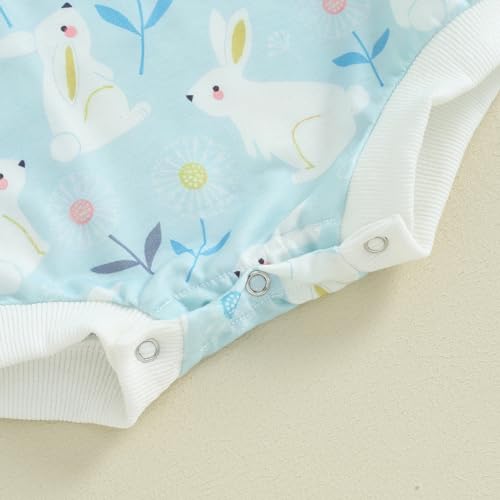 Infant Baby Girl Boy Easter Outfit Cute Bunny T Shirt Romper Oversized Bubble Onesie Floral Short Sleeve Bodysuit (Blue White Rabbit Print, 0-3 Months)