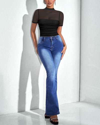 Kentysill Sexy Mesh Bodysuits for Women: Mock TurtleNeck Short Sleeve Ruched Body suit Summer Trendy Going Out Tops White S