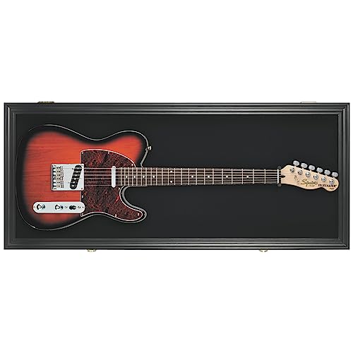 DisplayGifts 42" Electric Guitar Display Case Cabinet Shadow Box with Guitar Hanger Stand, Lockable UV Protection Black Felt Interior with Black Frame