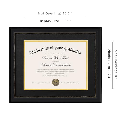 upsimples 11x14 Diploma Frame with High Definition Glass, Display 8.5x11 Certificate with Black over Gold Mat, Degree Document Frame for Wall and Tabletop, Black with Gold Beads, 1 Pack