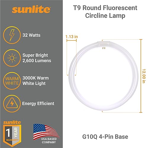 Sunlite 41430 FC12T9/WW T9 Round Fluorescent Circline Lamp, 32 Watts, 2600 Lumens, 3000K Warm White, RoHS Compliant, G10Q 4-Pin Base, 1 Pack