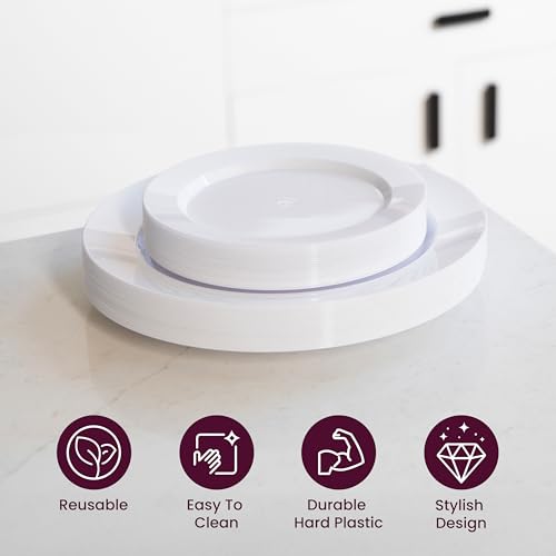 Pack of 60 White Plastic Plates - Aya's Heavy Duty Disposable Set of 30 Dinner and 30 Salad Plates - Durable Round Plastic Dinnerware Set for Parties and Events