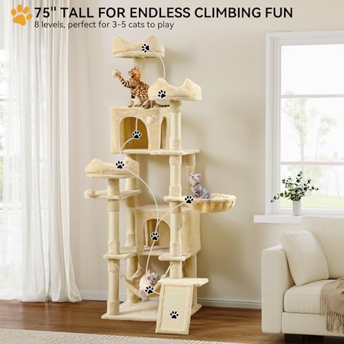 YITAHOME Tall Cat Tree for Indoor Cats, 75 inch Multi-Level Cat Tower with Cat Condos, Top Perches, Sisal Ramp Scratching Posts, Cozy Basket, Hammocks, Large Cat Pet Activity Structure,Beige