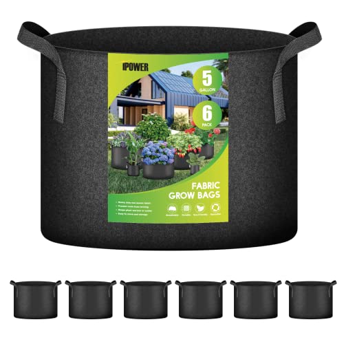 iPower Plant Grow Bag 5 Gallon 6-Pack Heavy Duty Fabric Pots, 300g Thick Nonwoven Fabric Containers Aeration with Nylon Handles, for Planting Vegetables, Fruits, Flowers, Black 2024 Version