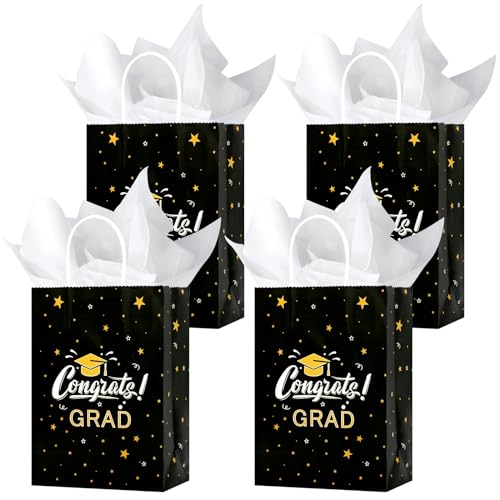 Tuzuaol 12 Pack Graduation Gift Bag with Tissue Paper Bulk Graduate Paper Bags with Handle for High School, College, Kindergarten, Graduation Party Decorations Supplies(Black Gold)