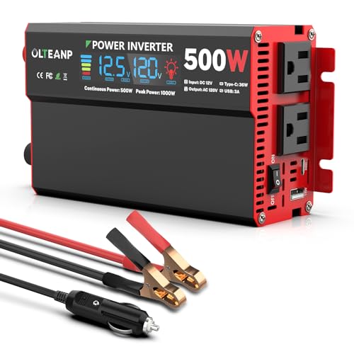 OLTEANP 500 Watt Power Inverter 12V DC to 110V/120V AC Inverter with LCD Screen Display, 2 AC Outlets, 36W Type-C Port, 5V/3A USB Port, Car Power Converter for Truck, Home, Vehicles, Laptop, Trip