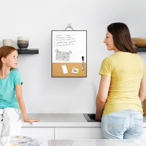 Small White Board Cork Board Combo, 16"x12" Magnetic Dry Erase Board & Bulletin Corkboard with Handle for Wall Hanging, Portable Aluminum Frame Whiteboard with Cork for Office Home School