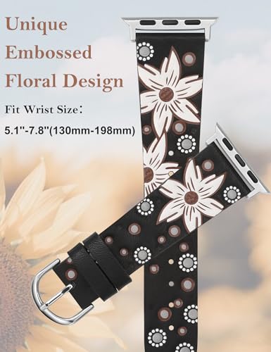 Minyee Leather Band Compatible with Apple Watch Band 38mm 40mm 41mm Women, Dressy Designer Embossed Black Leather Wristband Sunflower Pattern Strap for iWatch Ultra 2, Series 9/8/7/6/5/4/3/2/1/SE