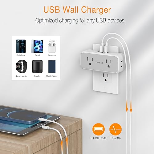 Surge Protector Outlet Extender, TESSAN Multi Plug Outlet Splitter with 4 Electrical Outlets 3 USB Blocks(2 USB C), Flat Multiple Wall Plug Expander for Bathroom Home Office Dorm Room Essentials