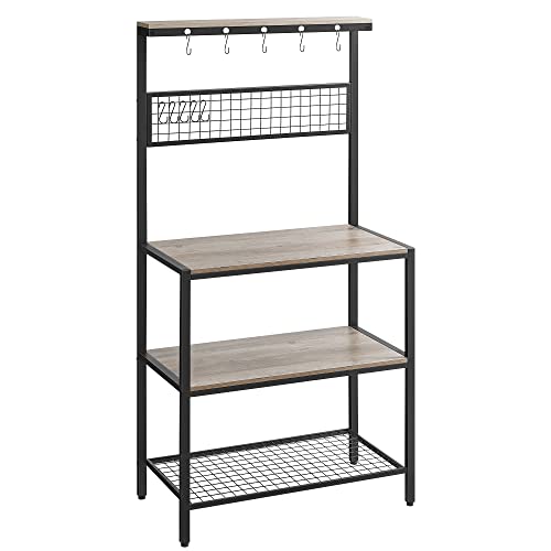 VASAGLE Bakers Rack, Coffee Bar, Kitchen Storage Shelf Rack with 10 Hooks, 3 Shelves, Adjustable Feet, for Microwave Oven, 15.7 x 33.1 x 66.9 Inches, Industrial, Greige and Black UKKS017B02