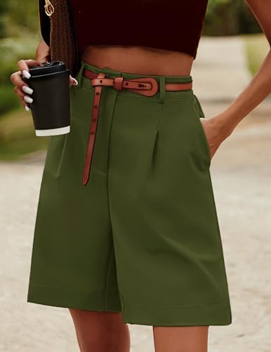 HOTOUCH Womens Shorts Elastic Waist Shorts Casual Chino Bermuda Shorts Knee Length Work Shorts Comfy Wide Leg Pants with Pockets Red S