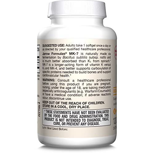 Jarrow Formulas MK-7 90 mcg - Bioactive Form of Vitamin K2 - 120 Servings (Softgels) - For Bone & Cardiovascular Health - Vitamin K2 MK-7 Dietary Supplement - K2 Vitamin Supplement MK-7 - Gluten Free