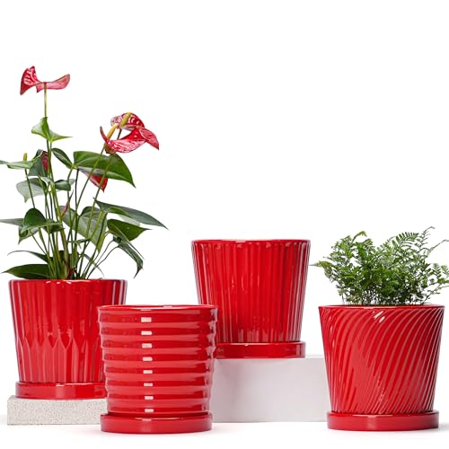 Ton Sin Plant Pots, 6 Inch Flower Pots for Plants,Ceramic Planter with Drainage Holes,Indoor Planter Pots with Saucer,Outdoor Garden Pots (Red, 4 Pack)