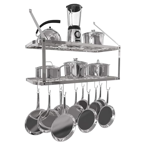 Vdomus Hanging Pot Rack - Rustproof Wall Mounted Pot Rack Pan Hanger for Kitchen Storage & Organization - Durable, Thick Iron Material - Easy Setup 2-Tier Pot Shelf Wall Mount Pot Holder - Black