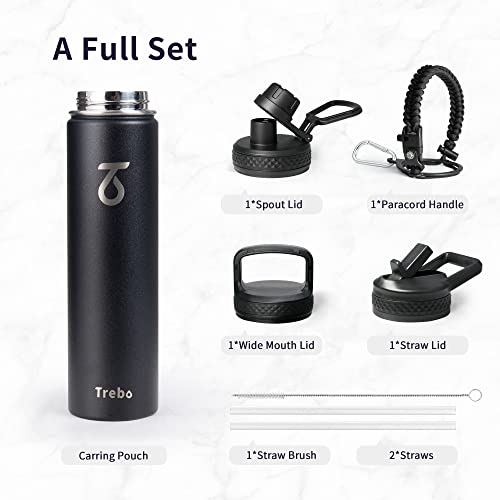 Trebo 24 oz Water Bottle Insulated with Lid and Straw,Double Wall Vacuum Stainless Steel Metal Tumbler Sports Flask with Paracord Handle, Keep Hot 24 Hours & Cold 48 Hours Water Cup with 3 Lids, Black