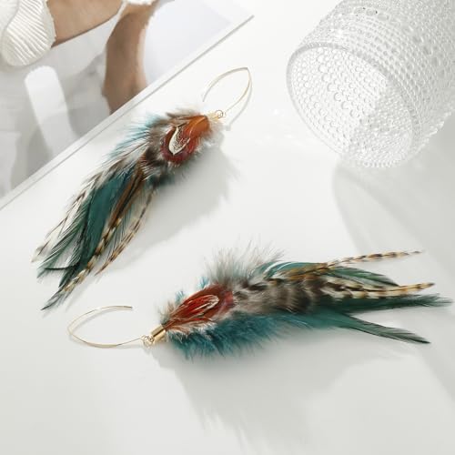 lureme Bohemian Style Multicolor Pheasant Feathers Dangle Earrings Large Feather Drop Earrings(er006405-1)