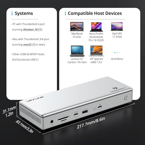 WAVLINK Thunderbolt 4 Dock with Dual HDMI 4K@60Hz,100W Charging, Thunderbolt Certified, 13-IN-1 USB C Docking Station Dual Monitor Single 8K Output for Windows or Mac, 4X USB, 2.5G Ethernet,SD/MicroSD