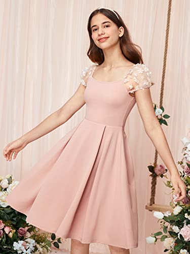 WDIRARA Girl's Appliques Mesh Puff Sleeve Square Neck Ruffle Hem Dress Pink 8-9Y