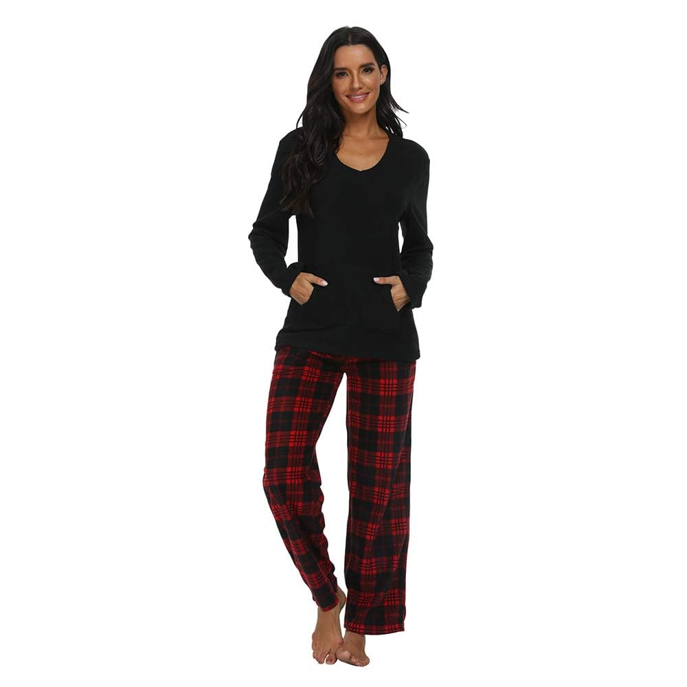 U2SKIIN Couple Pajama Sets, Plaid Pajama Set for Men and Women Soft Warm Pjs Set Black/Red-Black Plaid Womens Medium