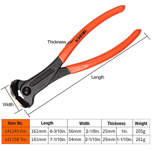 KSEIBI 141150 End Cutting Pliers 7 Inch Grip Handle Black Finish Chrome Vanadium Steel Carpenter Pincer, Nippers Tool, Cat Paw, Nail Remover, Rivet Cutting Pliers, Steel Wire Cutter Construction Tool