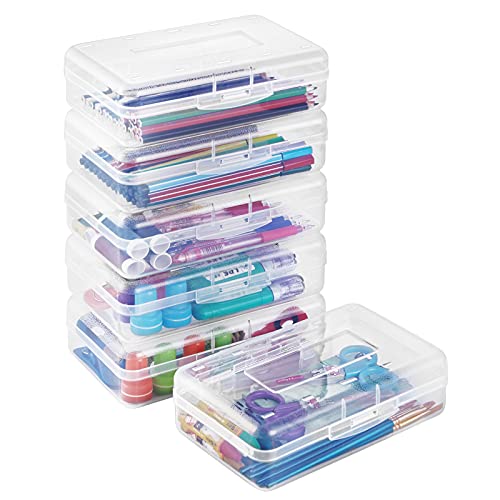 Sooez 6 Pack Clear Pencil Box, Plastic Large Pencil Case with Snap-tight Lid, Hard Crayon Box Bulk Marker Organizer Plastic Containers, Stackable Storage School Supply Box for Craft, Pen