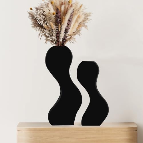 Modern Black Ceramic Vases Set of 2,Twisted Shape Pampas Flower Vase Curved splicable Design Decorative Vase for Flower Living Room, Bedroom, Bookshelf, Fireplace, Coffee Table, Office (Black)