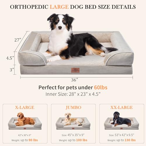 Comfort Expression Orthopedic XL Dog Beds, Waterproof Extra Large Dog Bed with Bolster, Washable Dog Bed Sofa with Removable Cover & Non-Slip Bottom(X-Large,Spicy Mustard)