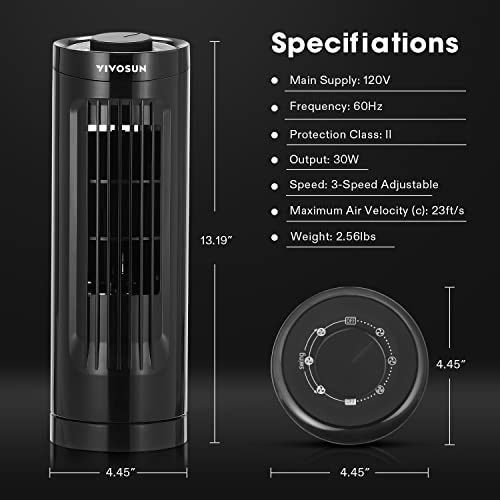 VIVOSUN 13'' Tower Fan, Bladeless Desk Fan with 3 Speeds and 70° Oscillation, Portable and Compact, Quiet Cooling Fan for Home and Office, Black